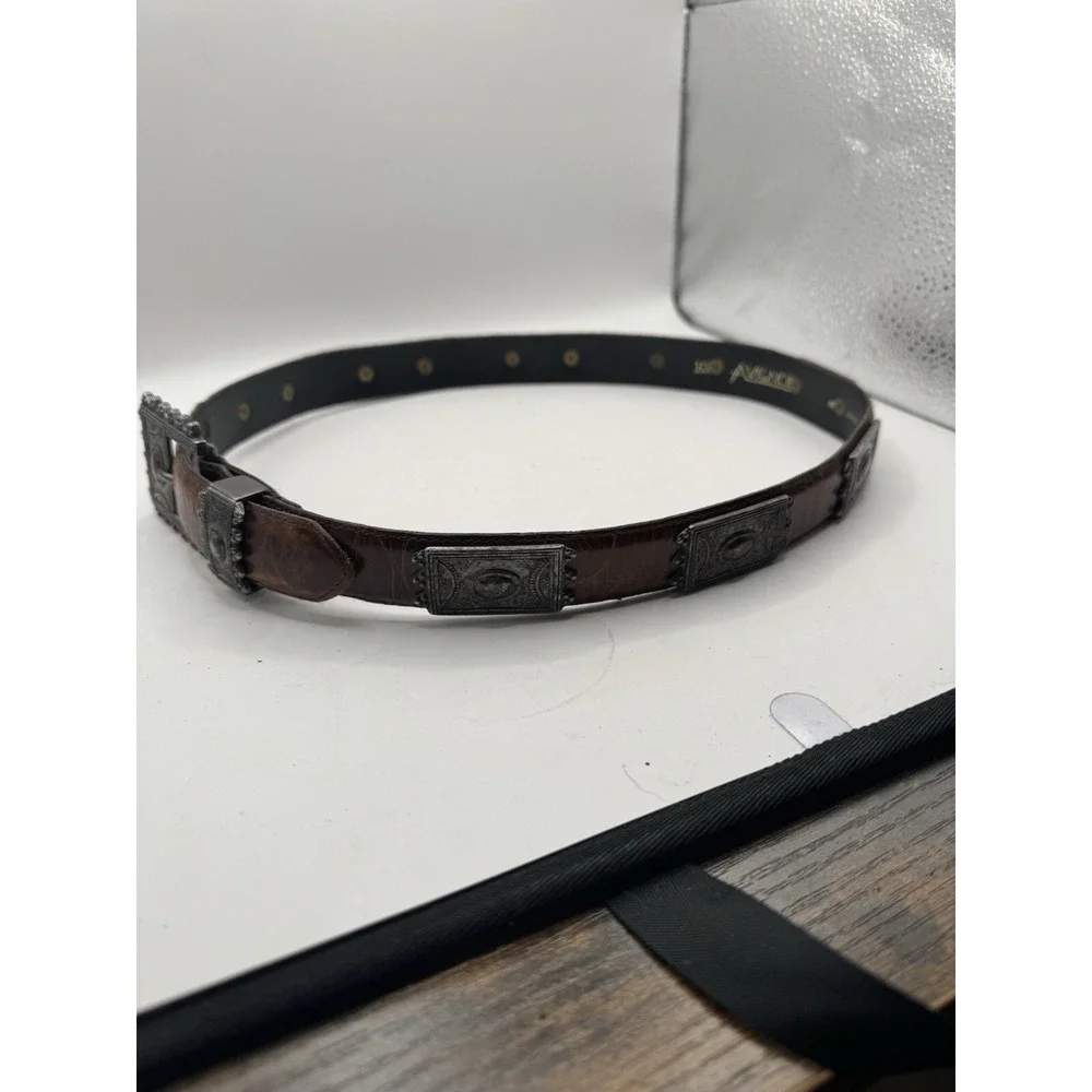 Vintage 80's Avignon Belt Sz M Brown Leather Silver Tone Buckle Fast Shipping